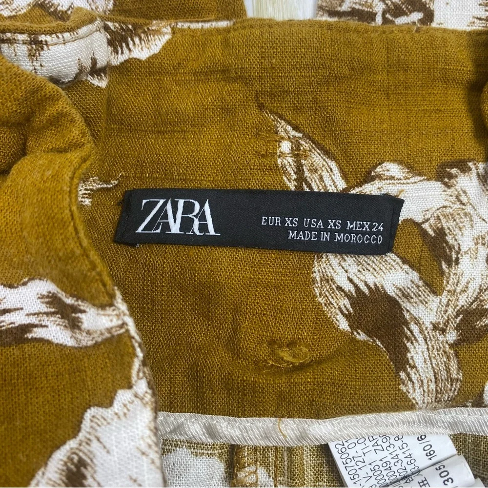 Zara Golden Yellow Floral Print Linen Blend High Waist Pants